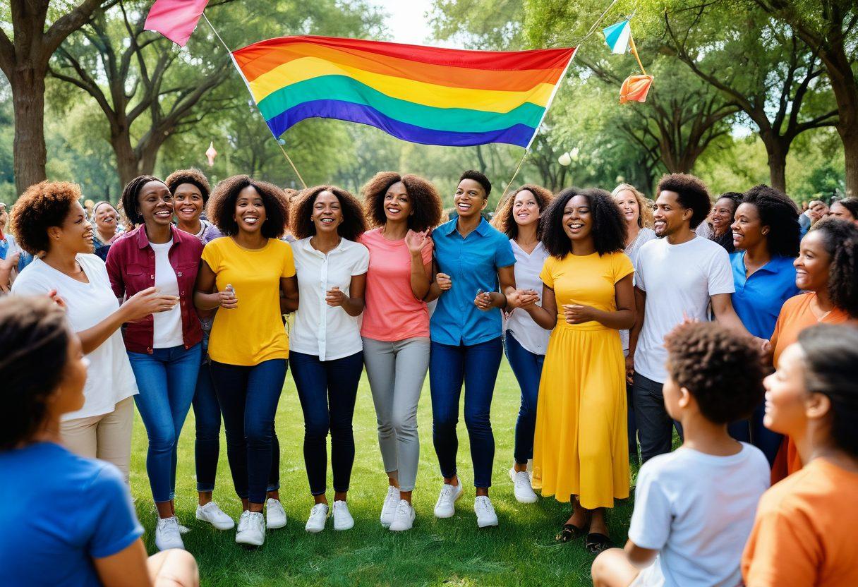 A vibrant scene depicting diverse individuals from various backgrounds joyfully interacting in a lush park, forming a supportive circle. In the background, colorful banners symbolizing community, love, and connection can be seen. The expressions of happiness and support on their faces should be emphasized, showcasing the benefits of a thriving support community. Bright, cheerful colors dominate the image, creating an inviting and warm atmosphere. painting. vibrant colors.