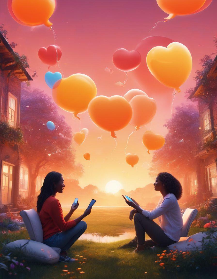 A vibrant digital landscape showcasing diverse people engaged in animated online conversations, with glowing chat bubbles representing ideas and support. Capture elements of connection like hearts and networks, intertwined with symbols of growth and empowerment. Use a soft color palette to create a warm atmosphere, emphasizing inclusivity. super-realistic. vibrant colors. 3D.