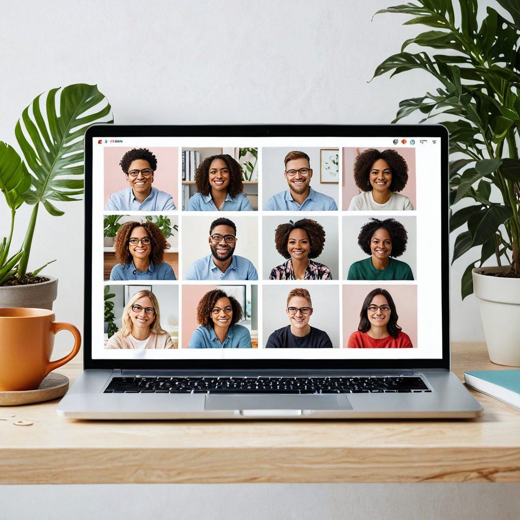 A warm, inviting virtual gathering with diverse individuals joyfully connecting through video calls, surrounded by colorful digital elements symbolizing support and community. Soft glowing light creates a cozy atmosphere, with hearts and friendship symbols floating around. Include a laptop, plants, and coffee cups for a personal touch. super-realistic. vibrant colors. white background.